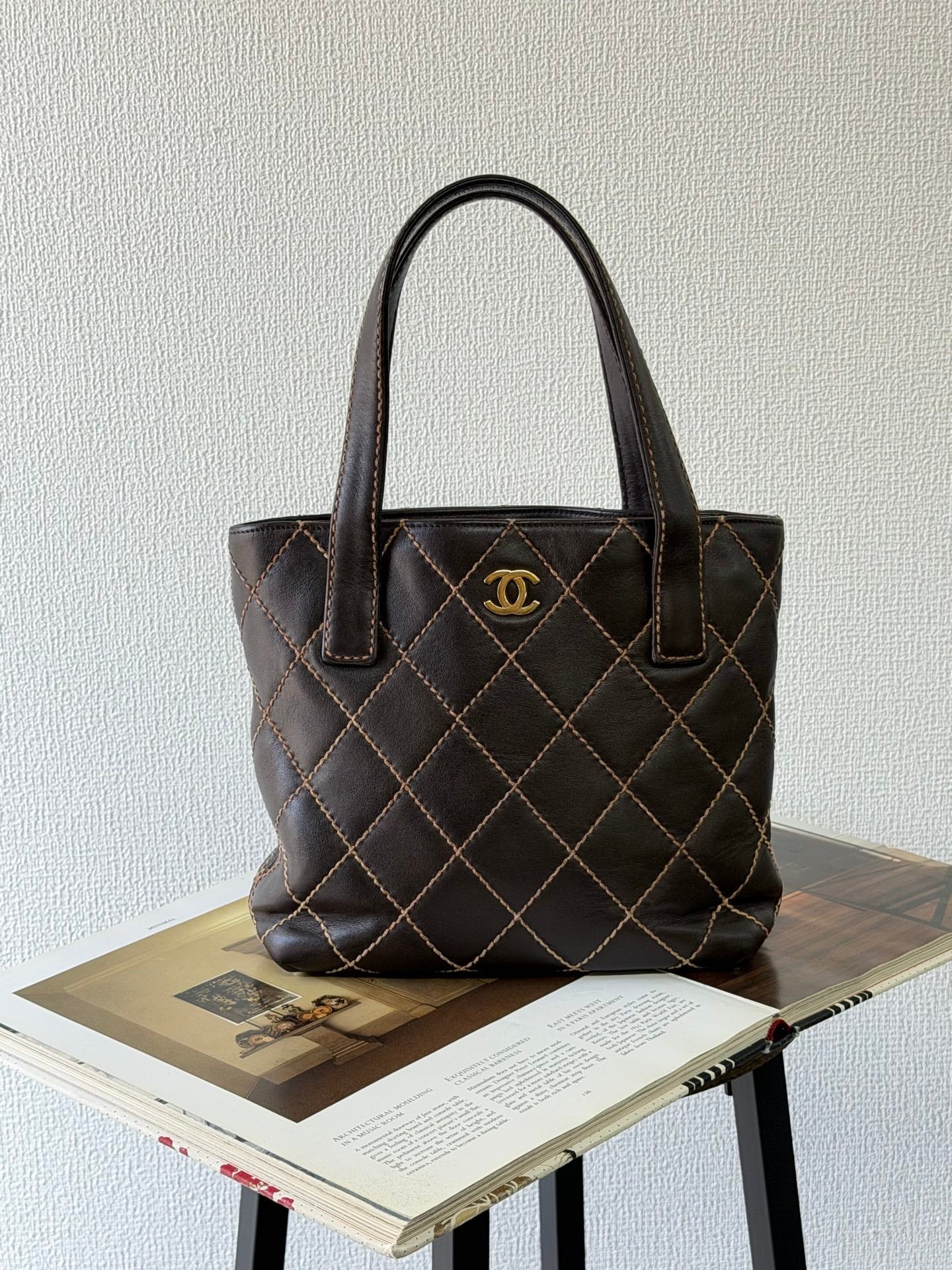 Chanel Vintage Wild Stitch Lambskin Tote Bag Dark Brown