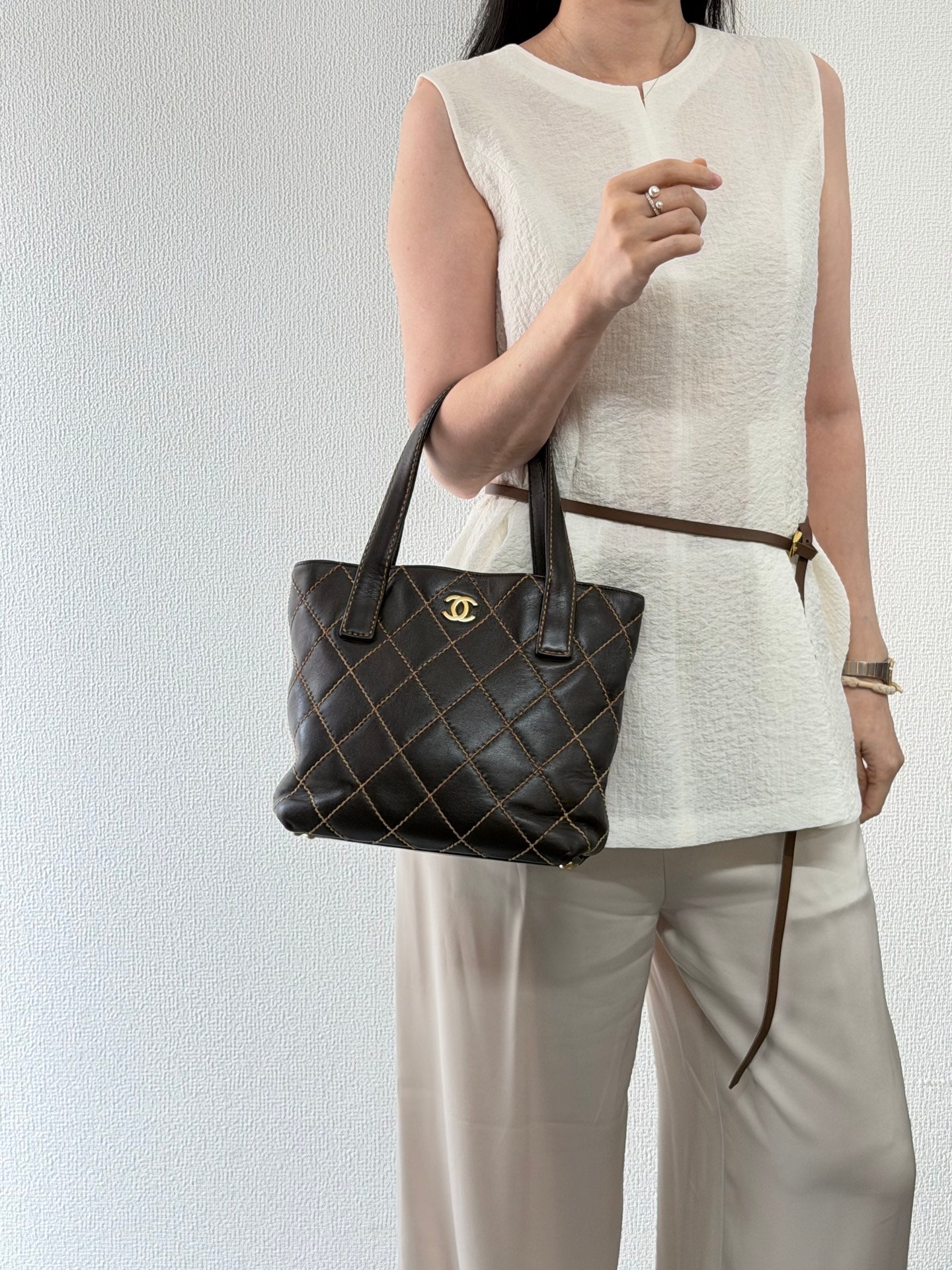 Chanel Vintage Wild Stitch Lambskin Tote Bag Dark Brown