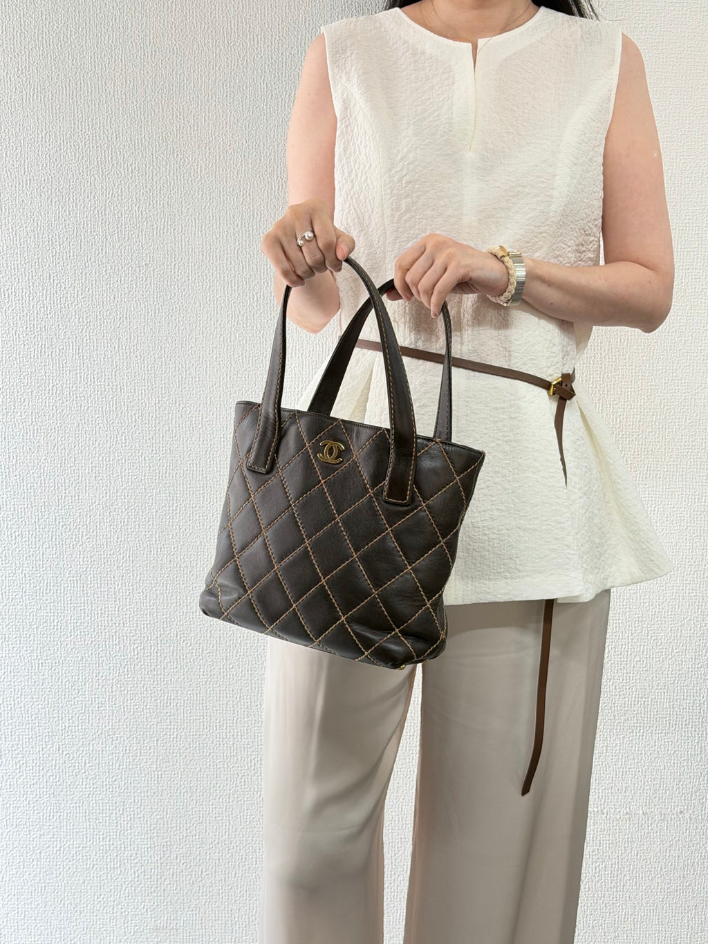 Chanel Vintage Wild Stitch Lambskin Tote Bag Dark Brown