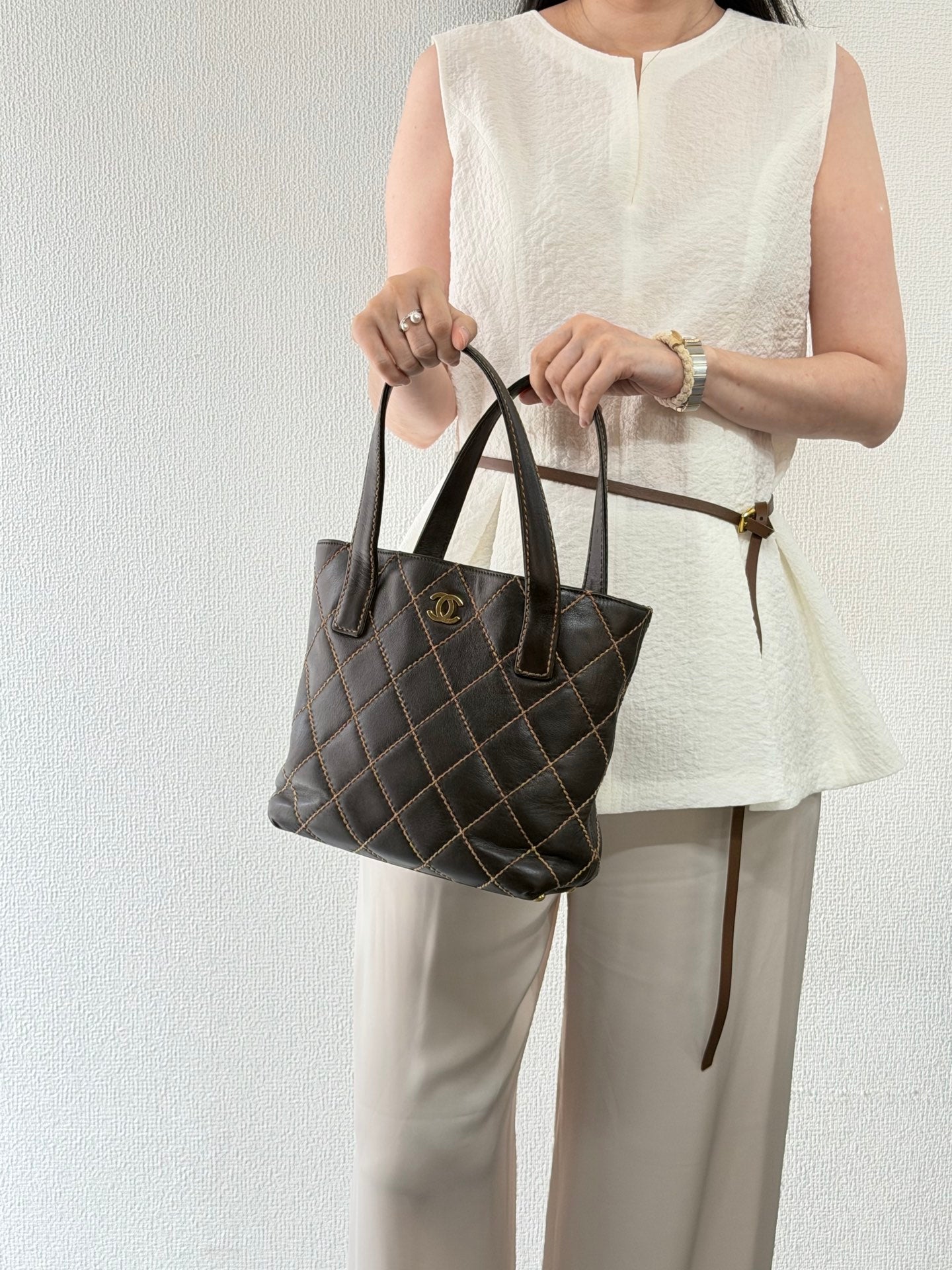 Chanel Vintage Wild Stitch Lambskin Tote Bag Dark Brown