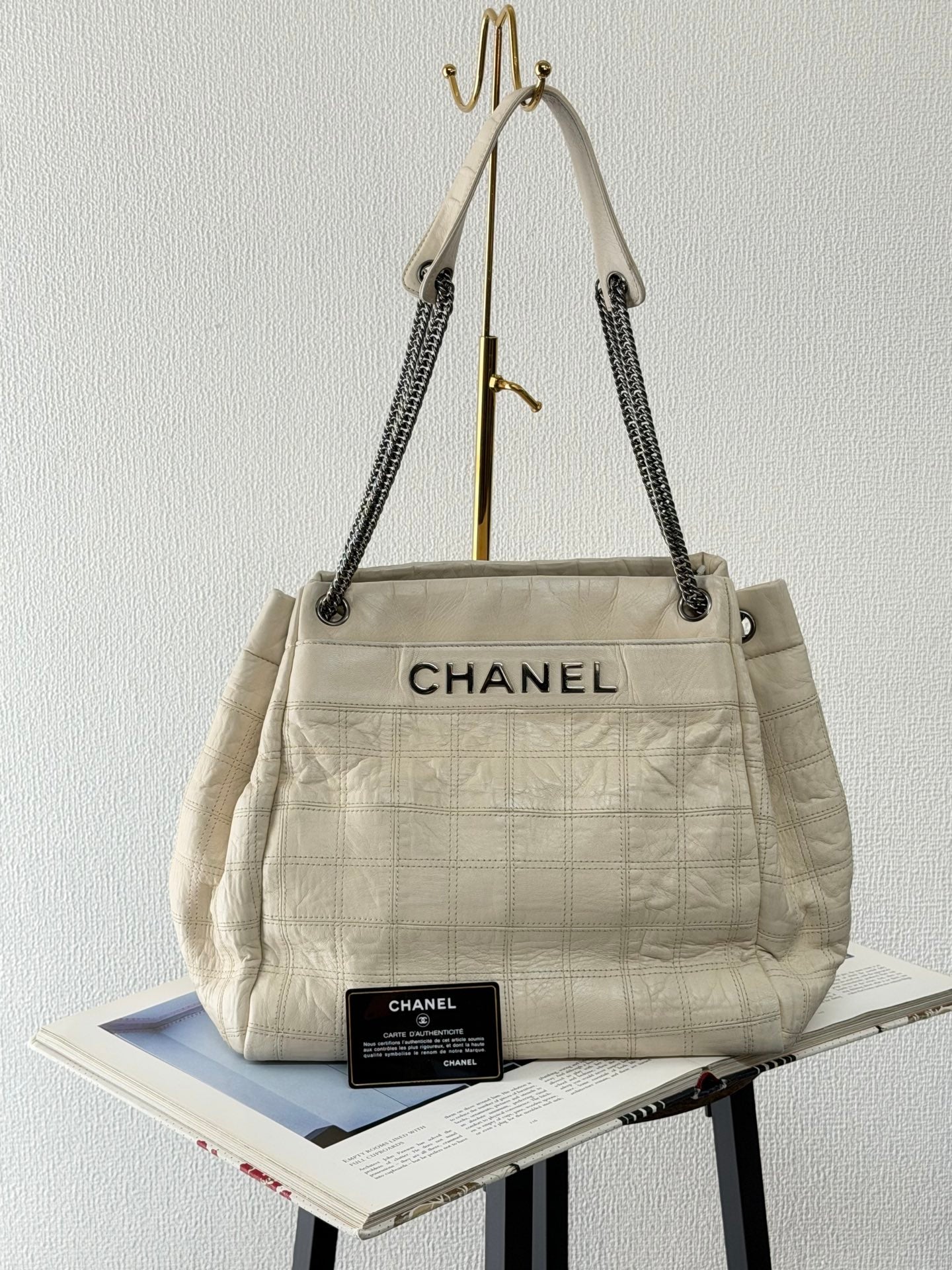 Chanel Vintage Chocolate Bar Logo Chain Tote Bag Cream Leather