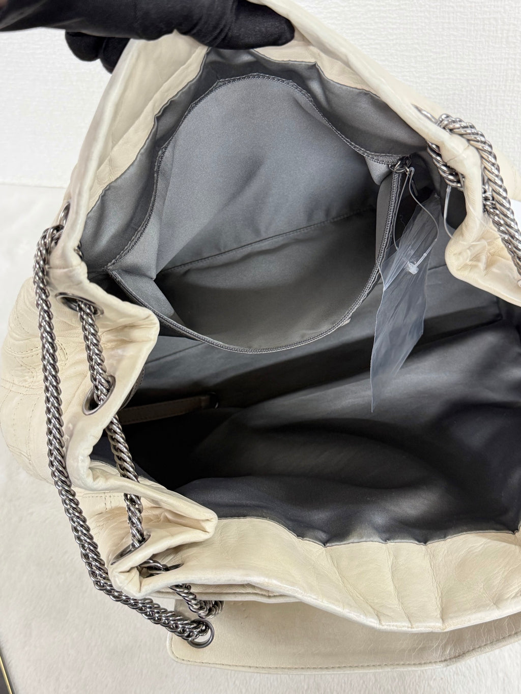 Chanel Vintage Chocolate Bar Logo Chain Tote Bag Cream Leather