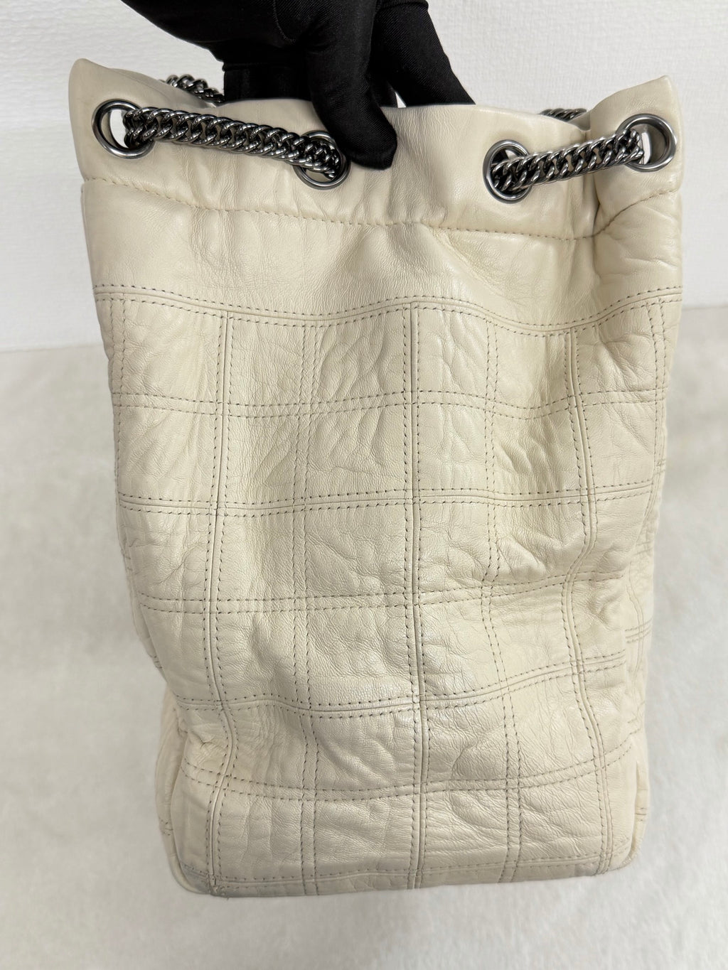 Chanel Vintage Chocolate Bar Logo Chain Tote Bag Cream Leather