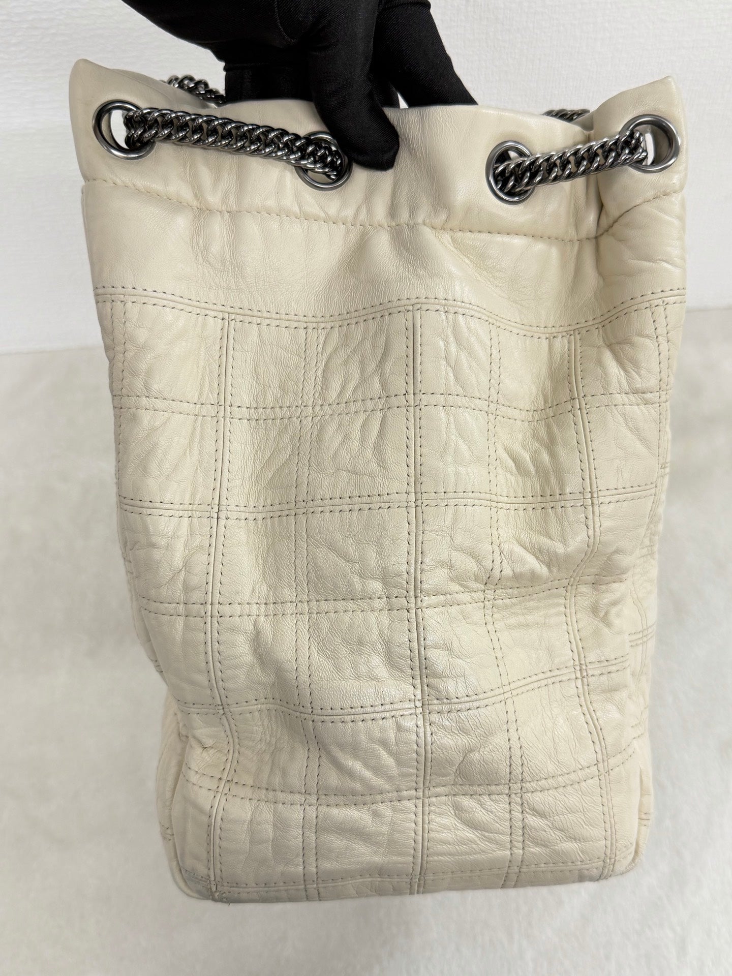 Chanel Vintage Chocolate Bar Logo Chain Tote Bag Cream Leather