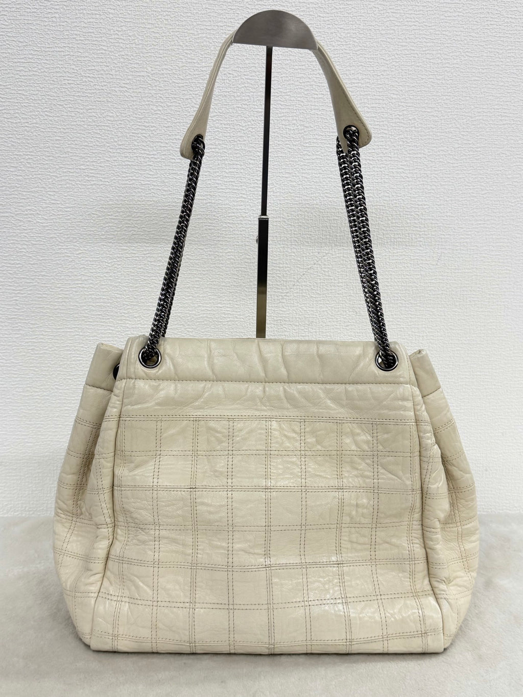 Chanel Vintage Chocolate Bar Logo Chain Tote Bag Cream Leather