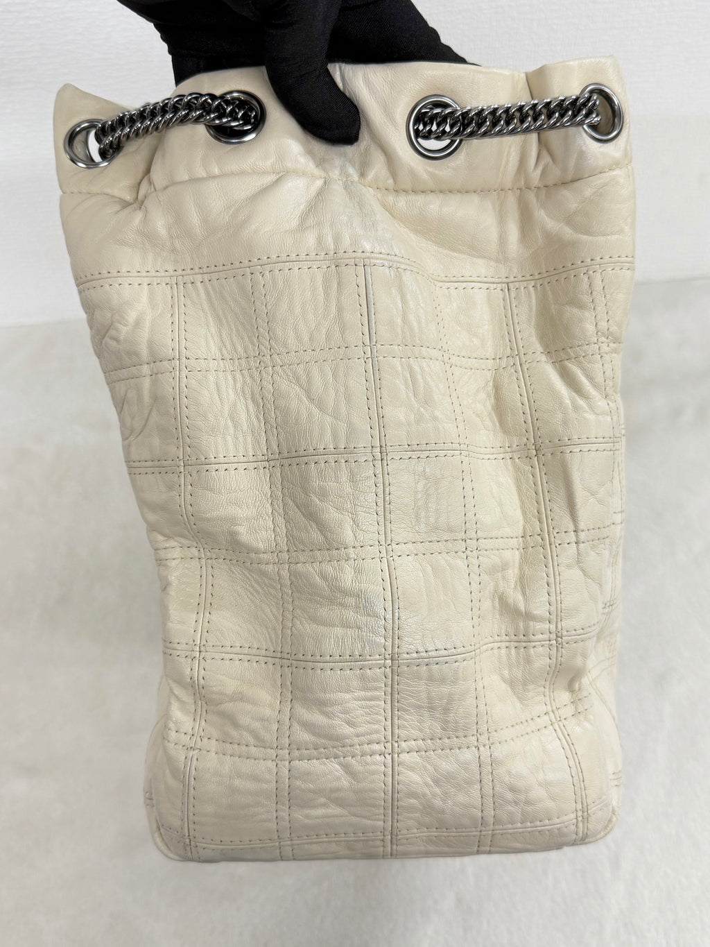 Chanel Vintage Chocolate Bar Logo Chain Tote Bag Cream Leather