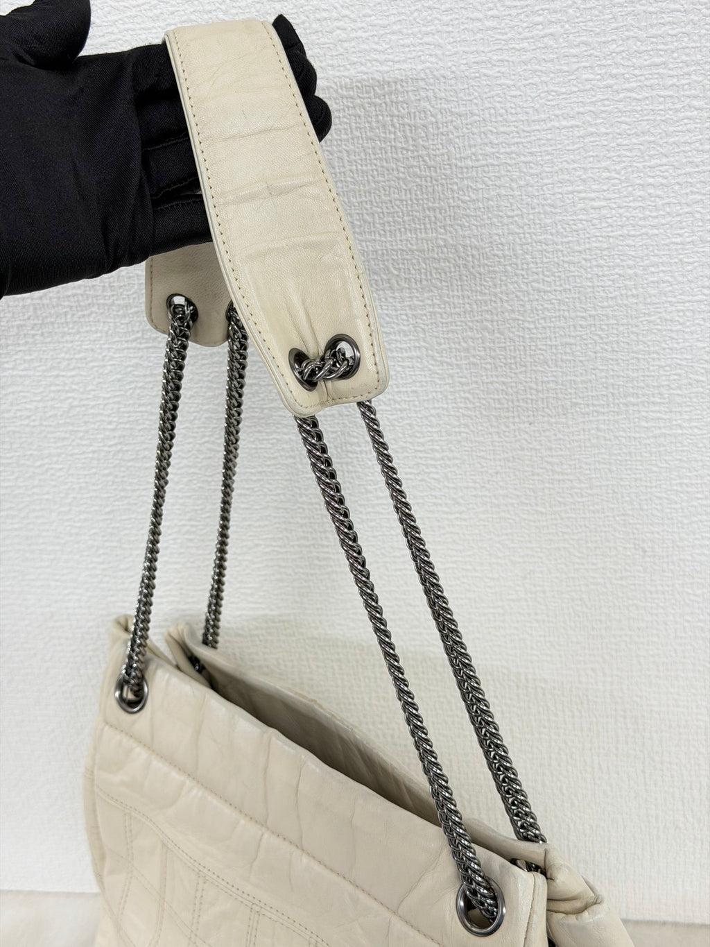 Chanel Vintage Chocolate Bar Logo Chain Tote Bag Cream Leather