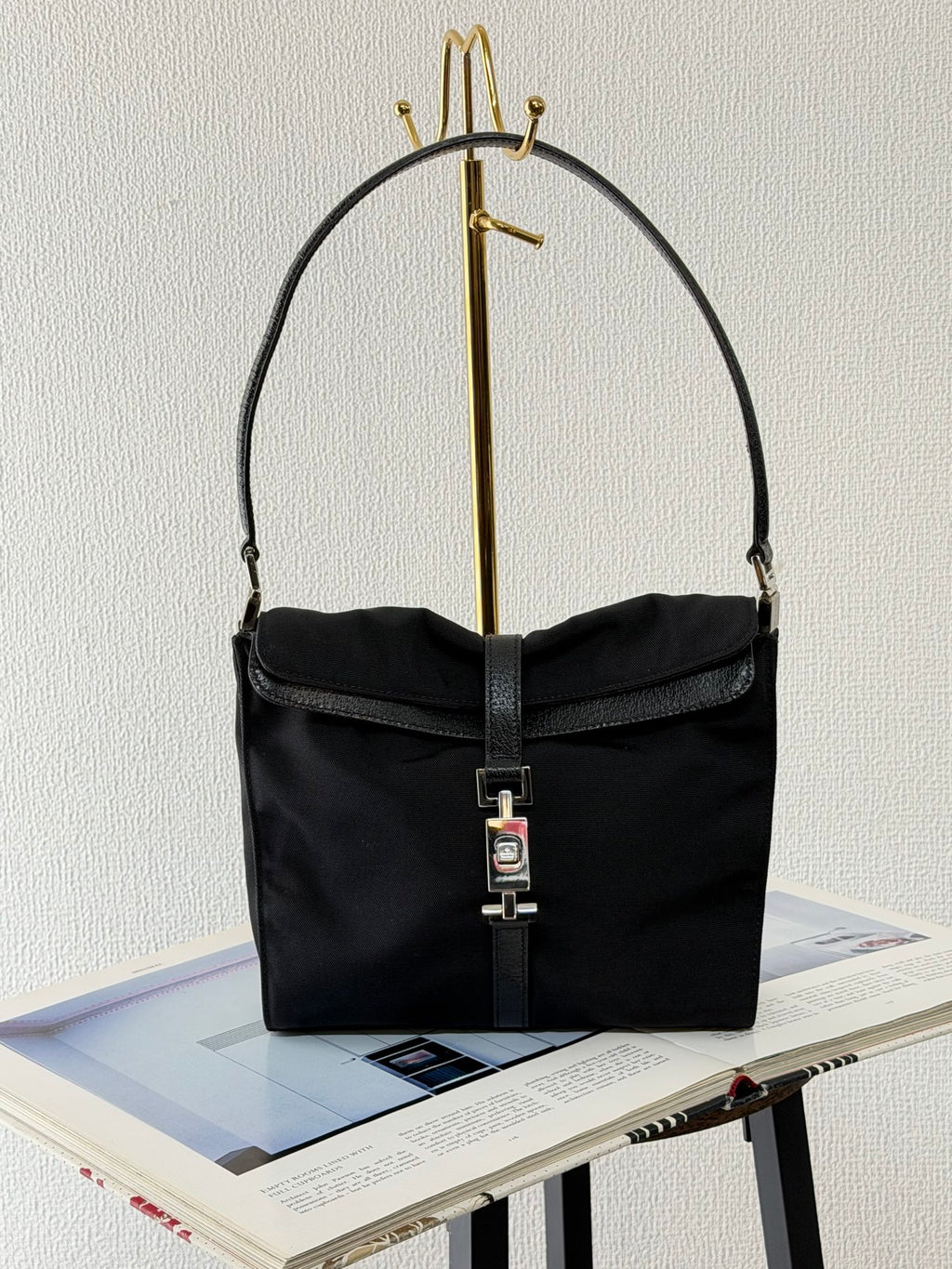 Gucci Vintage Piston Lock Jackie Nylon Flap Shoulder Bag Black