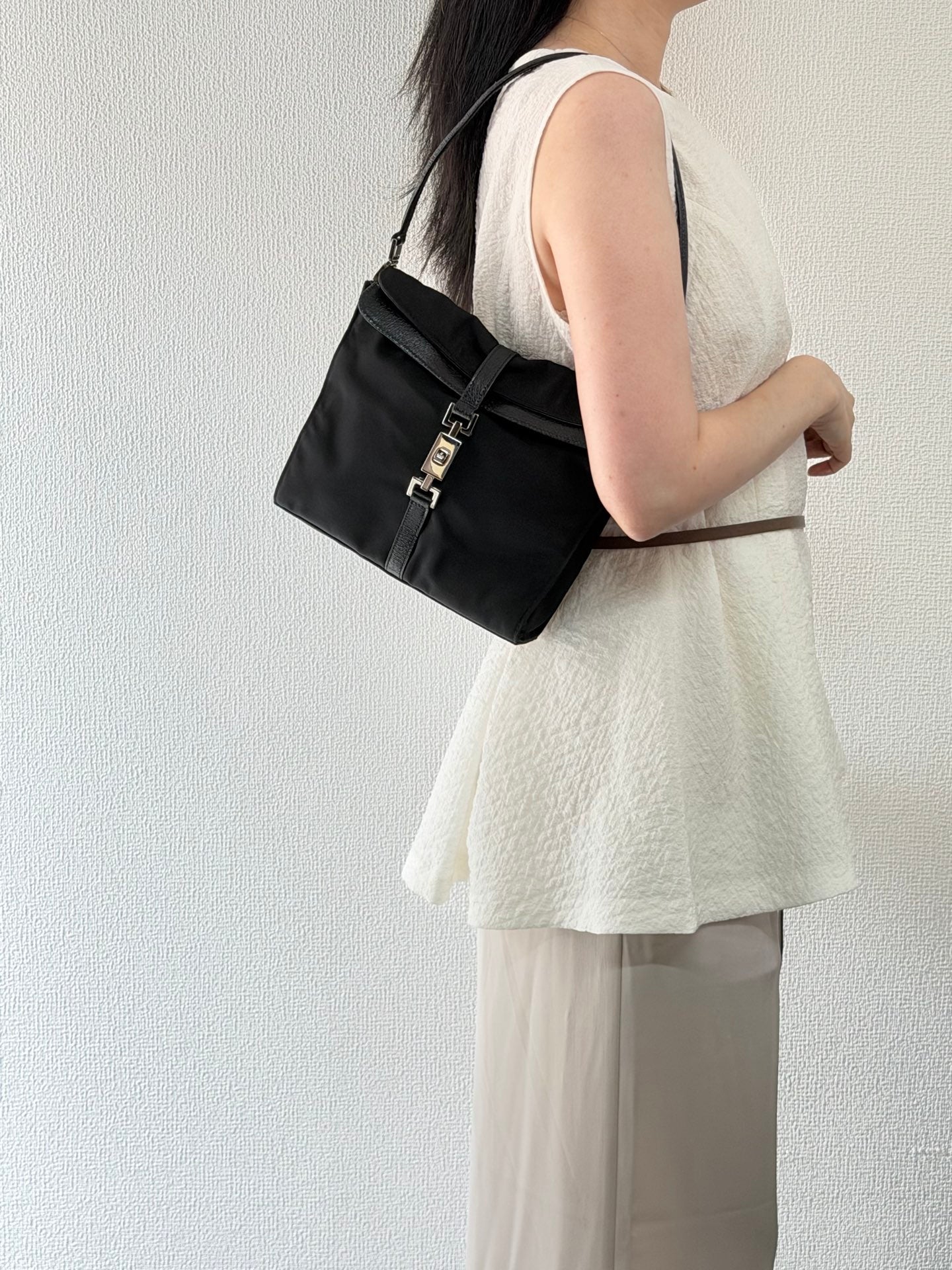 Gucci Vintage Piston Lock Jackie Nylon Flap Shoulder Bag Black