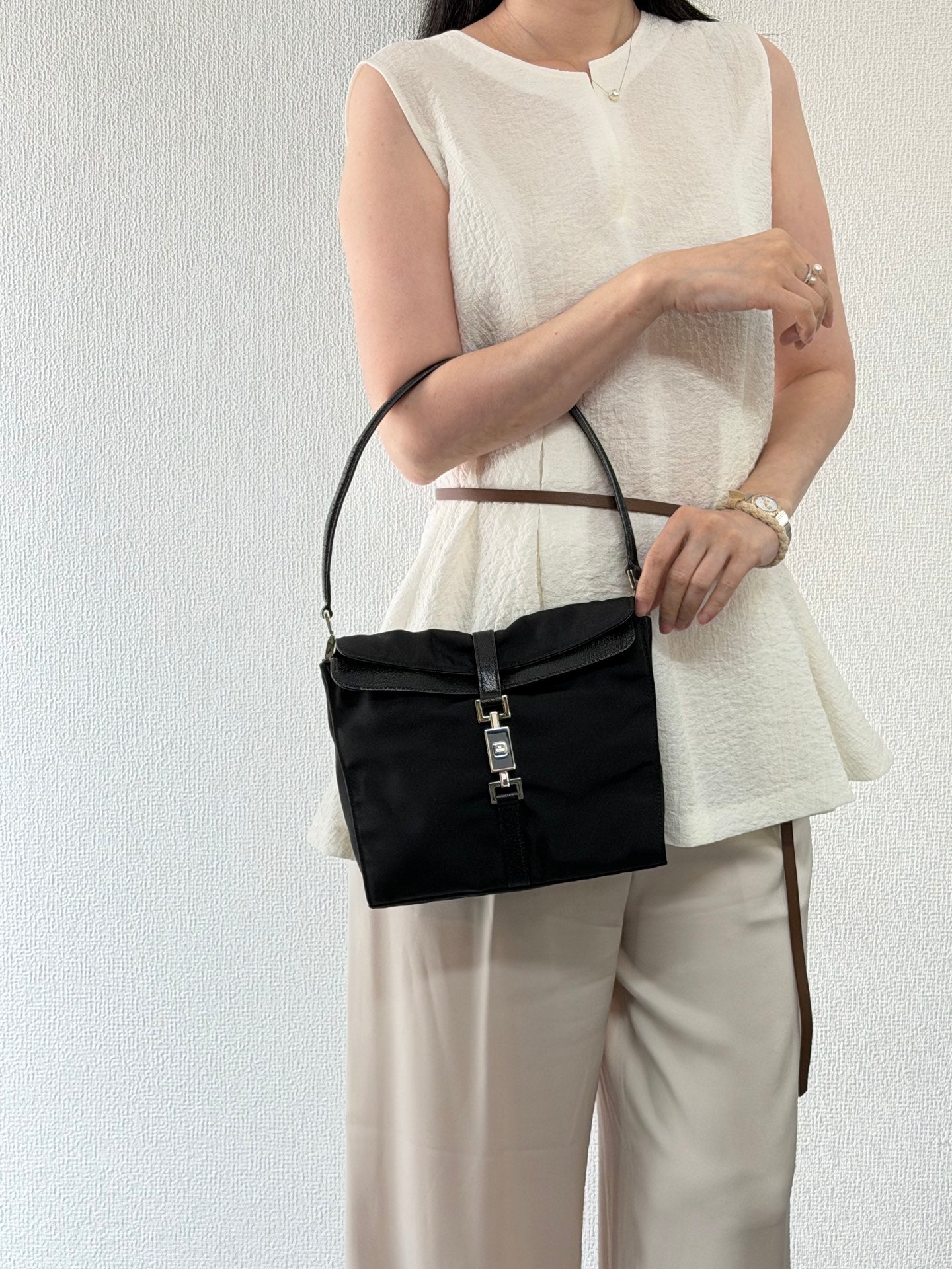 Gucci Vintage Piston Lock Jackie Nylon Flap Shoulder Bag Black