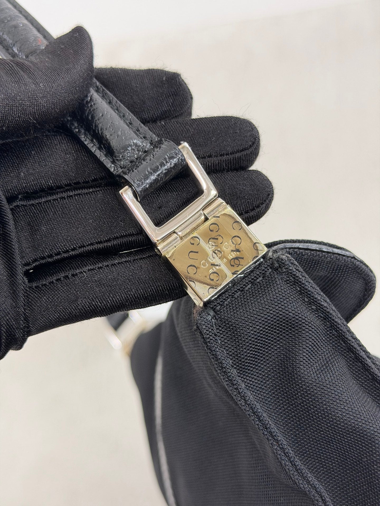Gucci Vintage Piston Lock Jackie Nylon Flap Shoulder Bag Black
