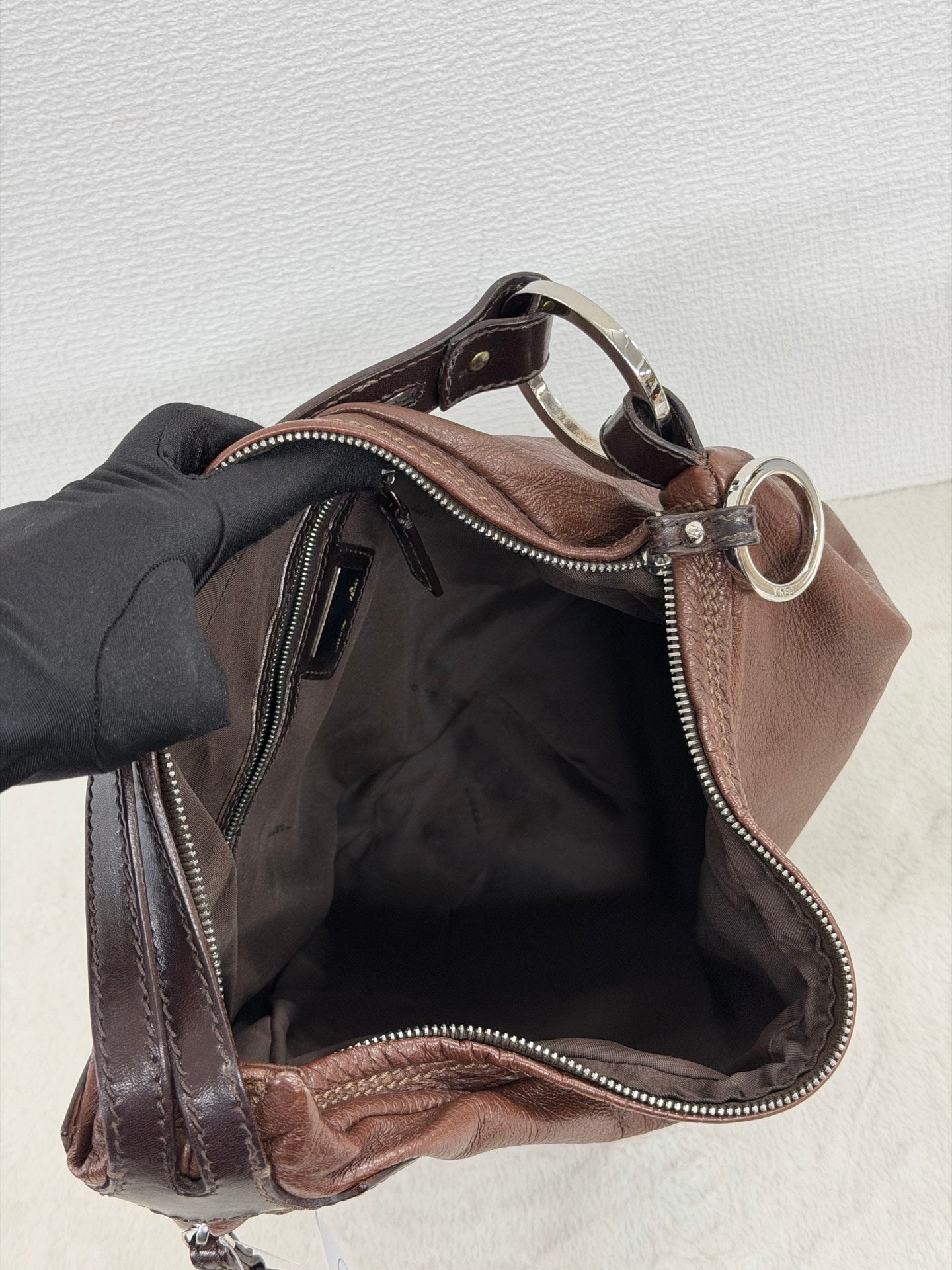 Fendi Vintage Oyster Leather Hobo Shoulder Bag Brown