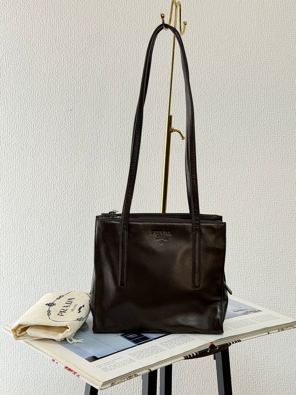 Prada Vintage Nappa Leather Twin Zip Square Shoulder Bag Dark Brown