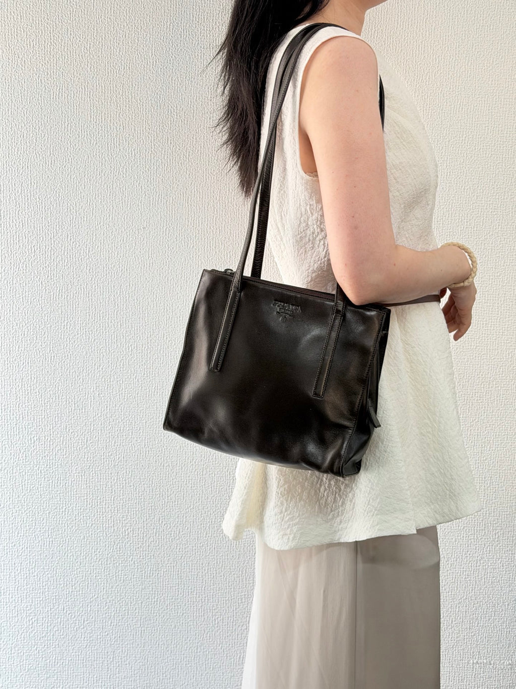 Prada Vintage Nappa Leather Twin Zip Square Shoulder Bag Dark Brown