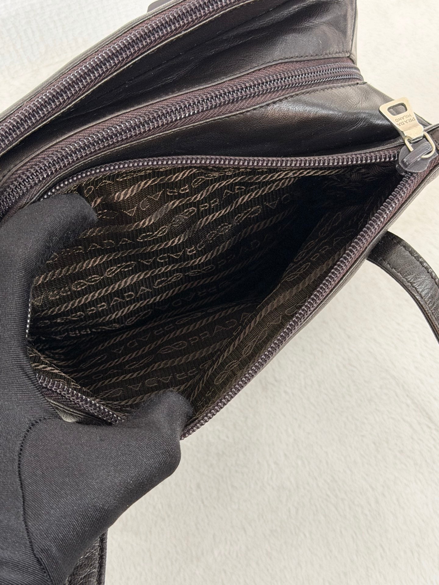 Prada Vintage Nappa Leather Twin Zip Square Shoulder Bag Dark Brown