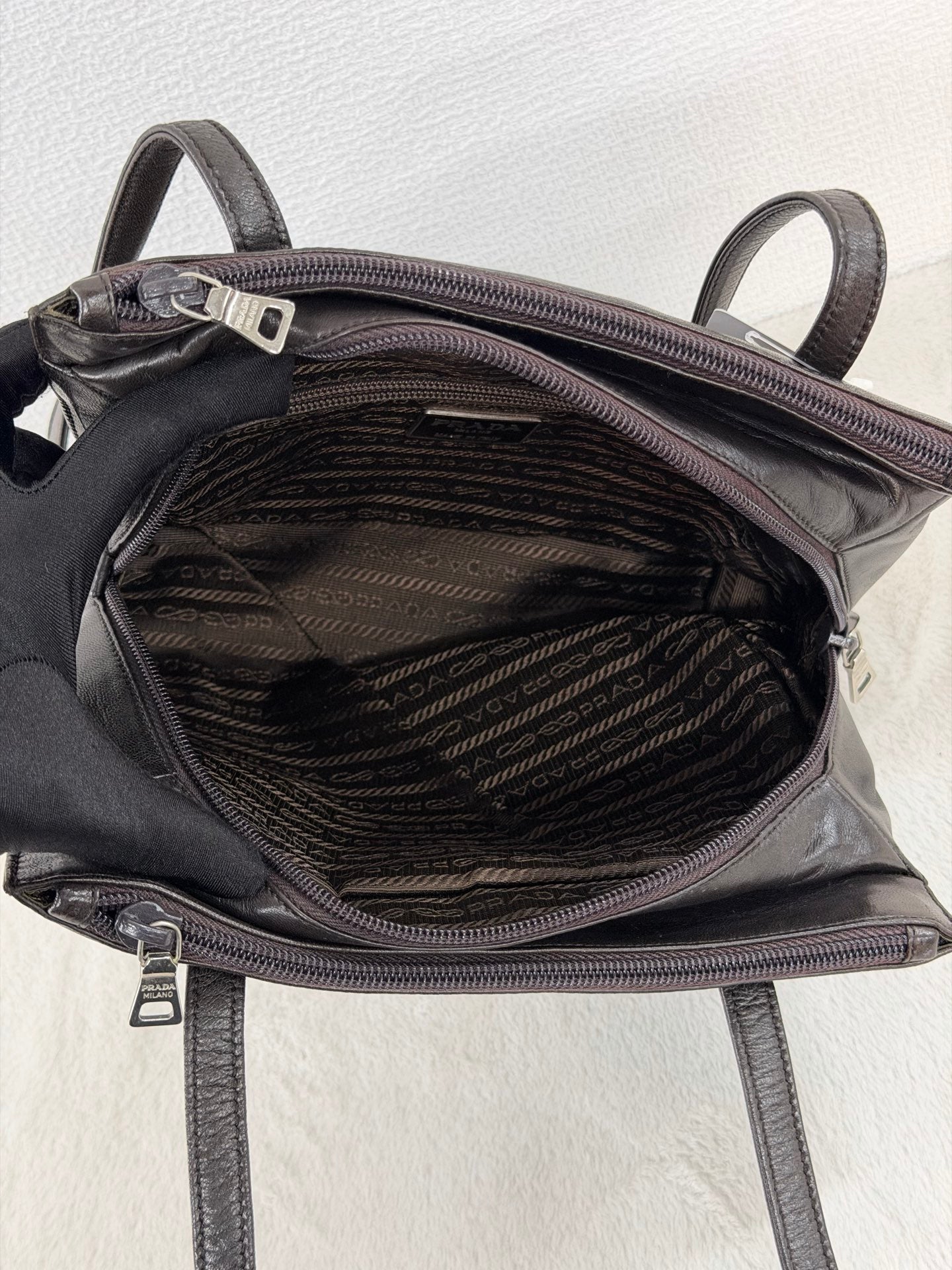 Prada Vintage Nappa Leather Twin Zip Square Shoulder Bag Dark Brown