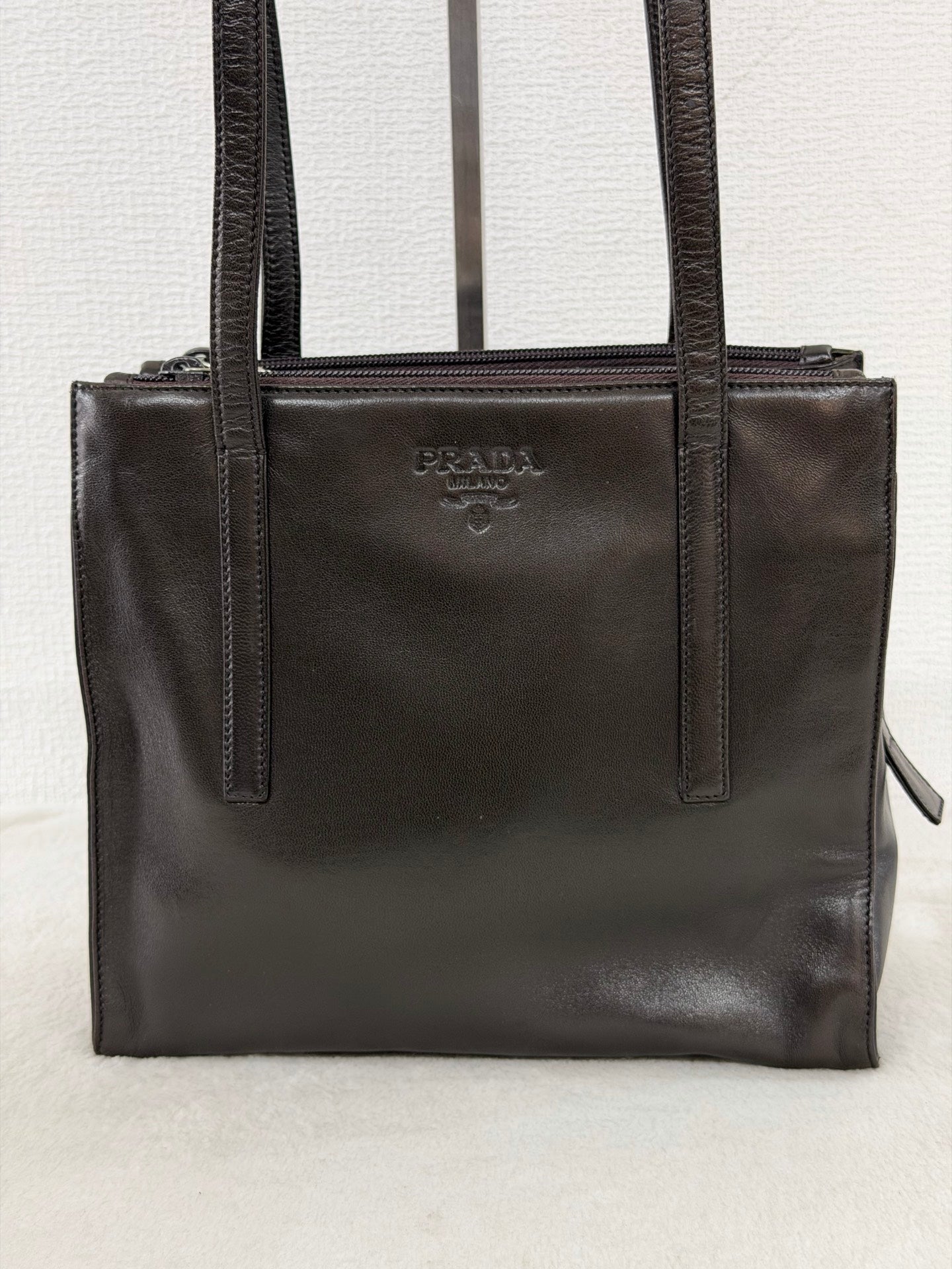 Prada Vintage Nappa Leather Twin Zip Square Shoulder Bag Dark Brown