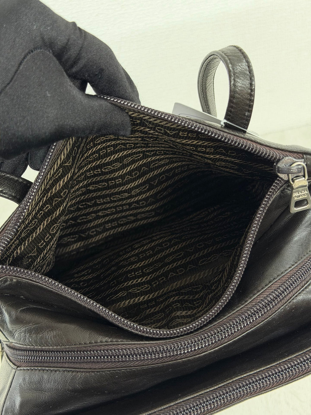 Prada Vintage Nappa Leather Twin Zip Square Shoulder Bag Dark Brown