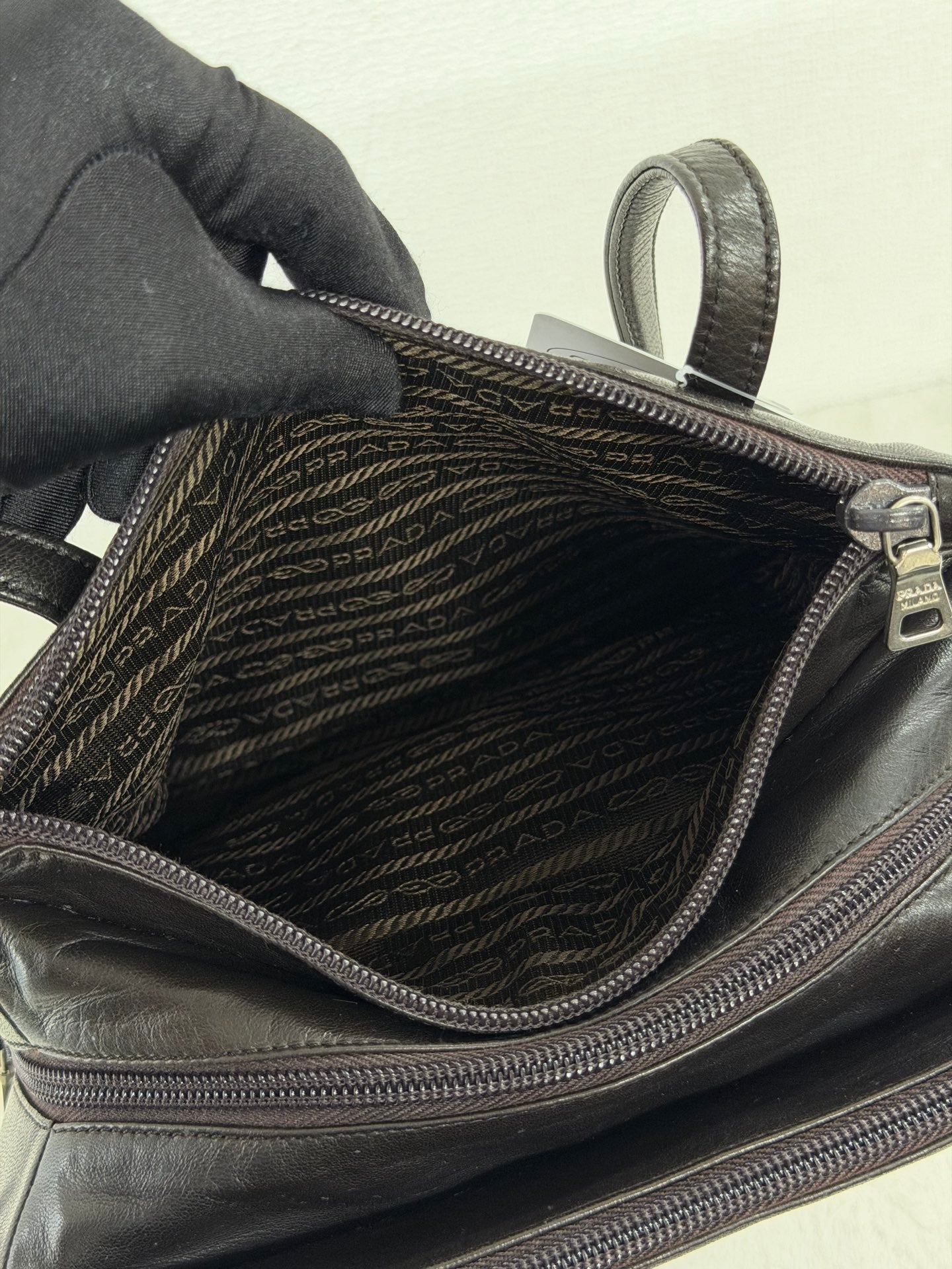 Prada Vintage Nappa Leather Twin Zip Square Shoulder Bag Dark Brown
