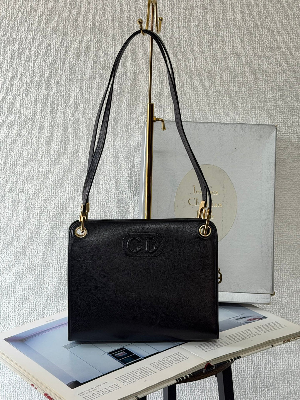 Christian Dior Vintage Black Leather Shoulder Bag with Embossed CD Logo