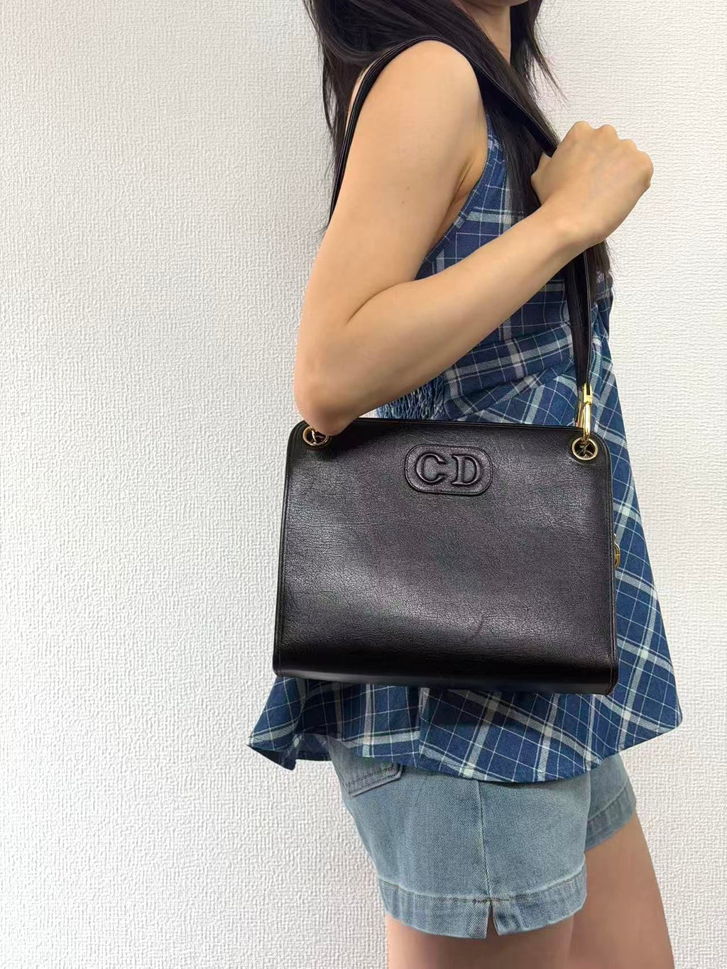 Christian Dior Vintage Black Leather Shoulder Bag with Embossed CD Logo