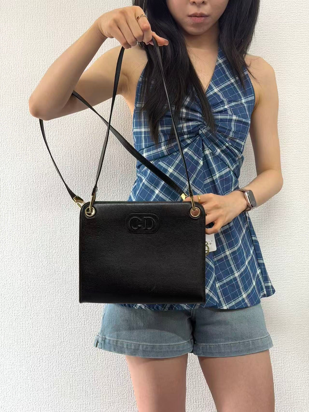 Christian Dior Vintage Black Leather Shoulder Bag with Embossed CD Logo