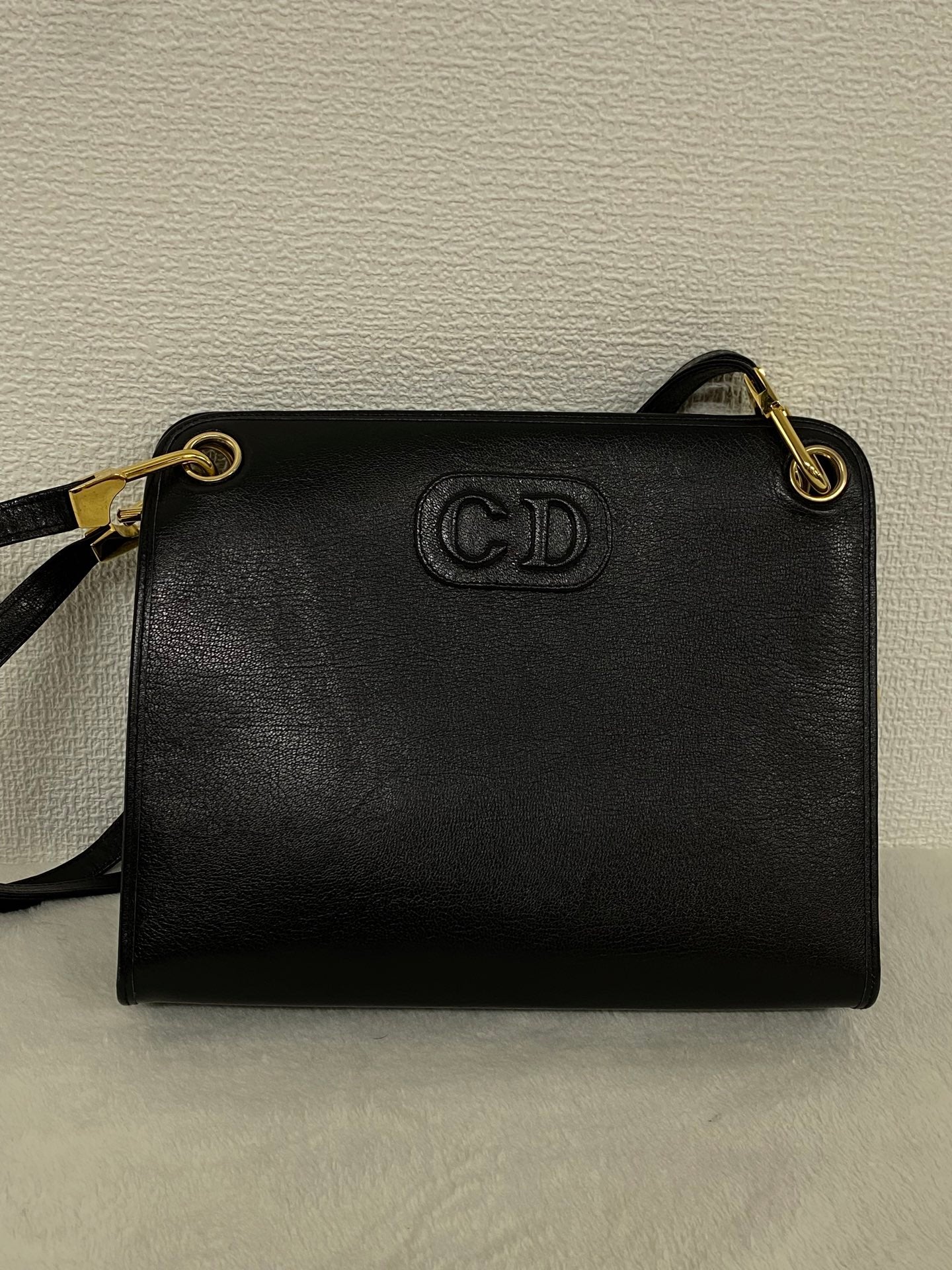 Christian Dior Vintage Black Leather Shoulder Bag with Embossed CD Logo