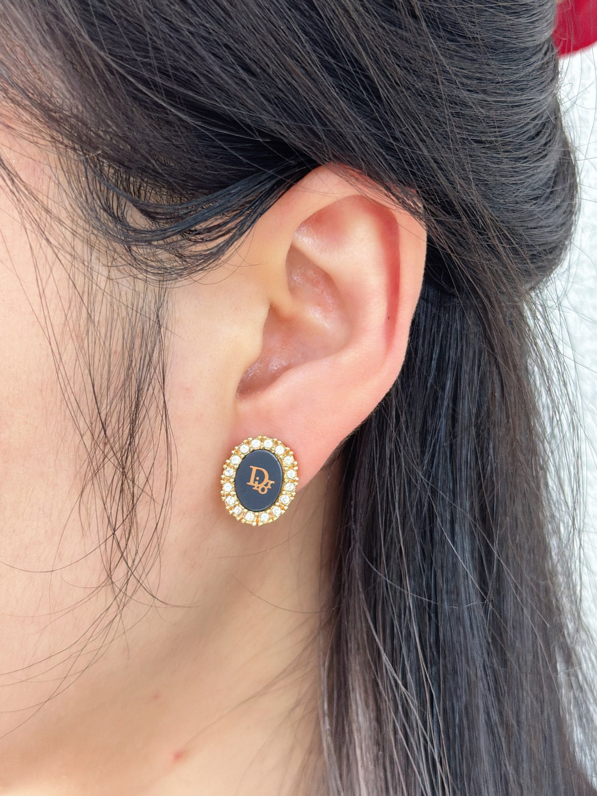 Christian Dior Vintage Black Oval Logo Rhinestone Clip-On Earrings