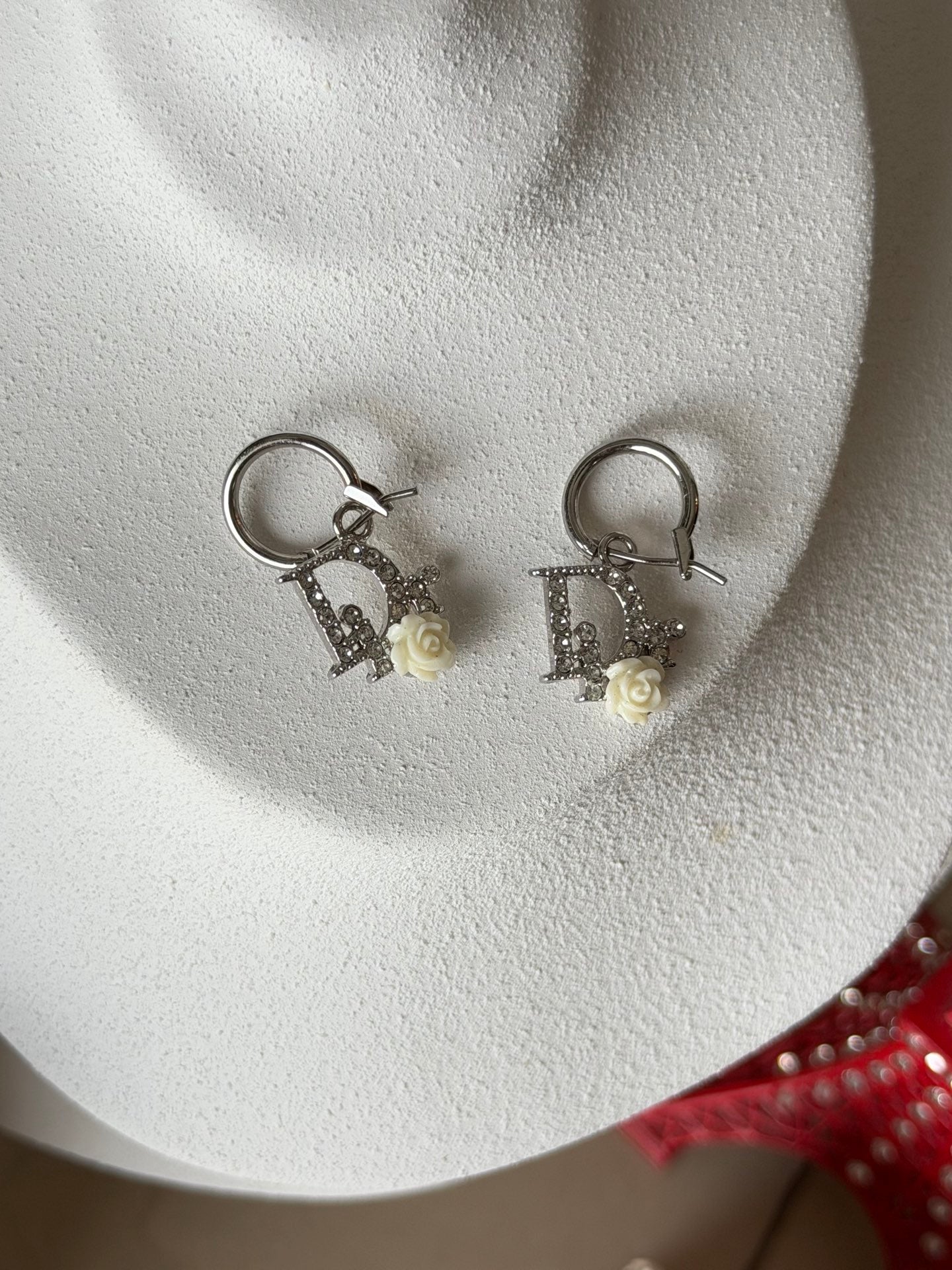 Christian Dior Oblique Crystal Logo Rose Hoop Earrings