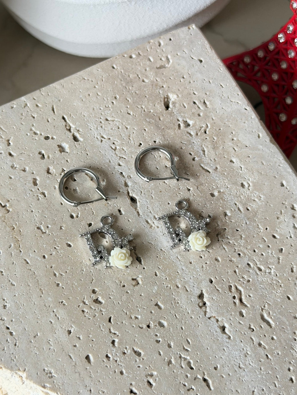 Christian Dior Oblique Crystal Logo Rose Hoop Earrings