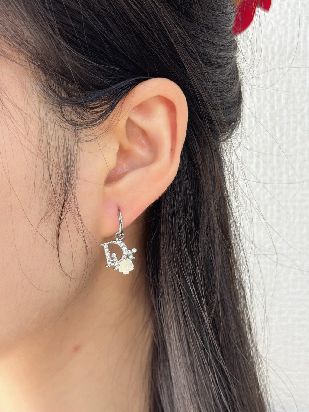 Christian Dior Oblique Crystal Logo Rose Hoop Earrings
