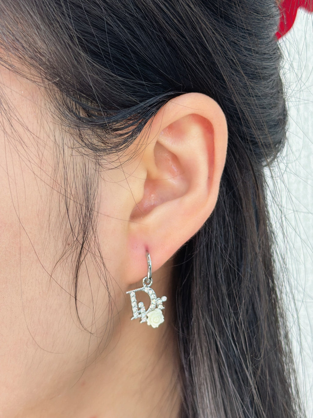 Christian Dior Oblique Crystal Logo Rose Hoop Earrings