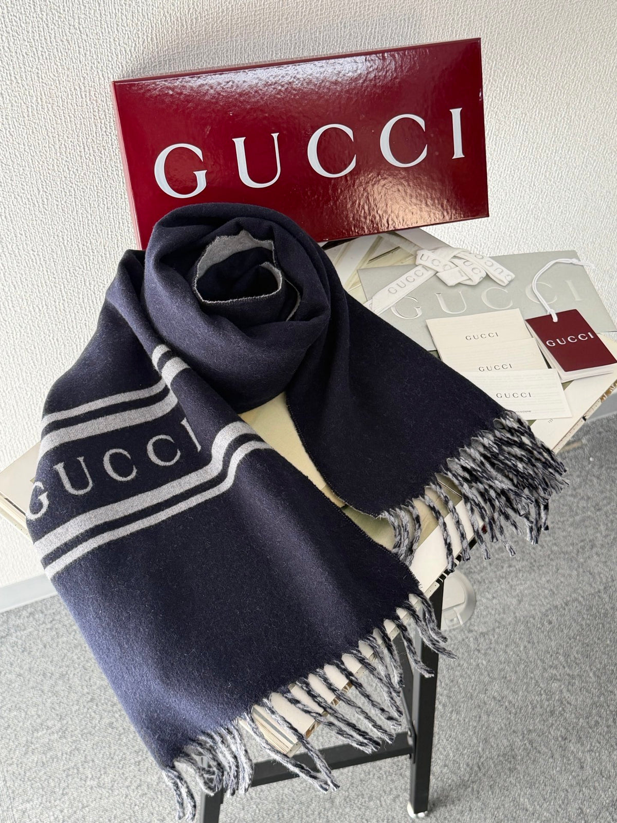 Gucci Navy and Grey Wool-Cashmere Logo Scarf