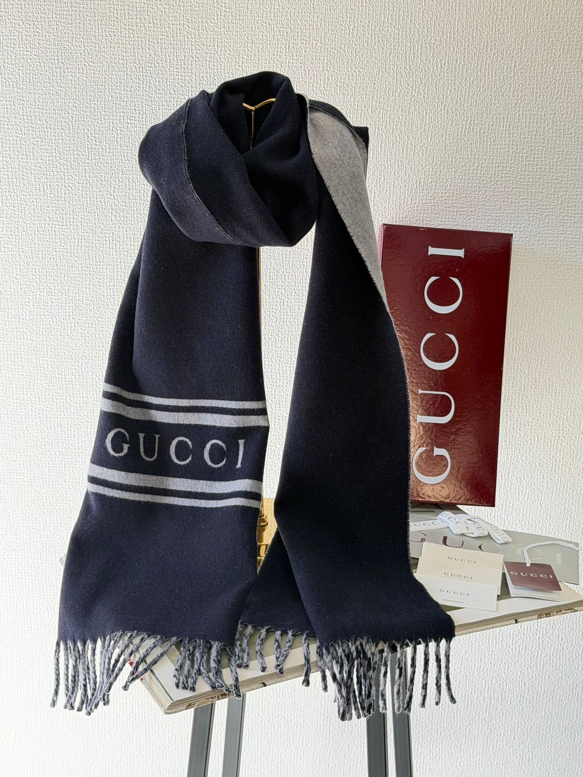 Gucci Navy and Grey Wool-Cashmere Logo Scarf