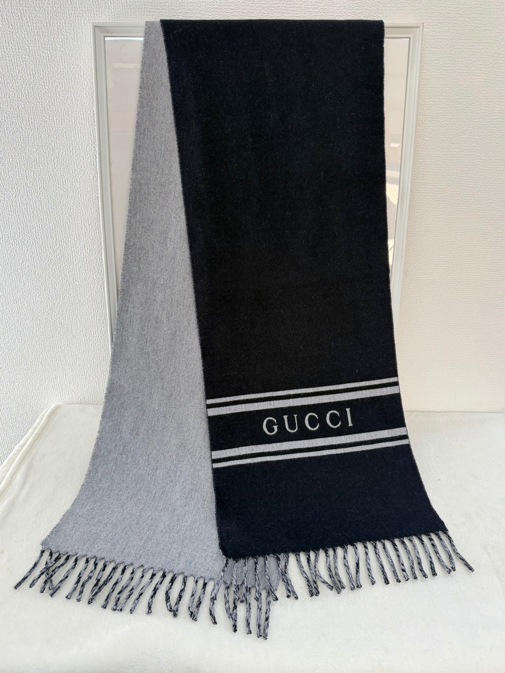 Gucci Navy and Grey Wool-Cashmere Logo Scarf