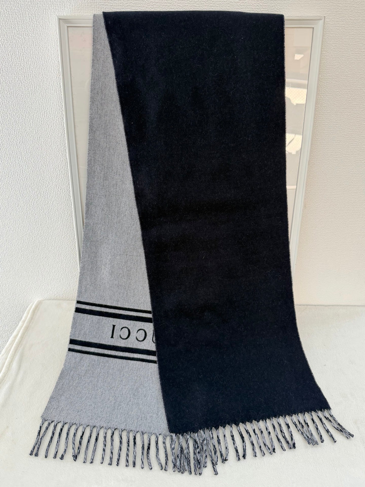 Gucci Navy and Grey Wool-Cashmere Logo Scarf