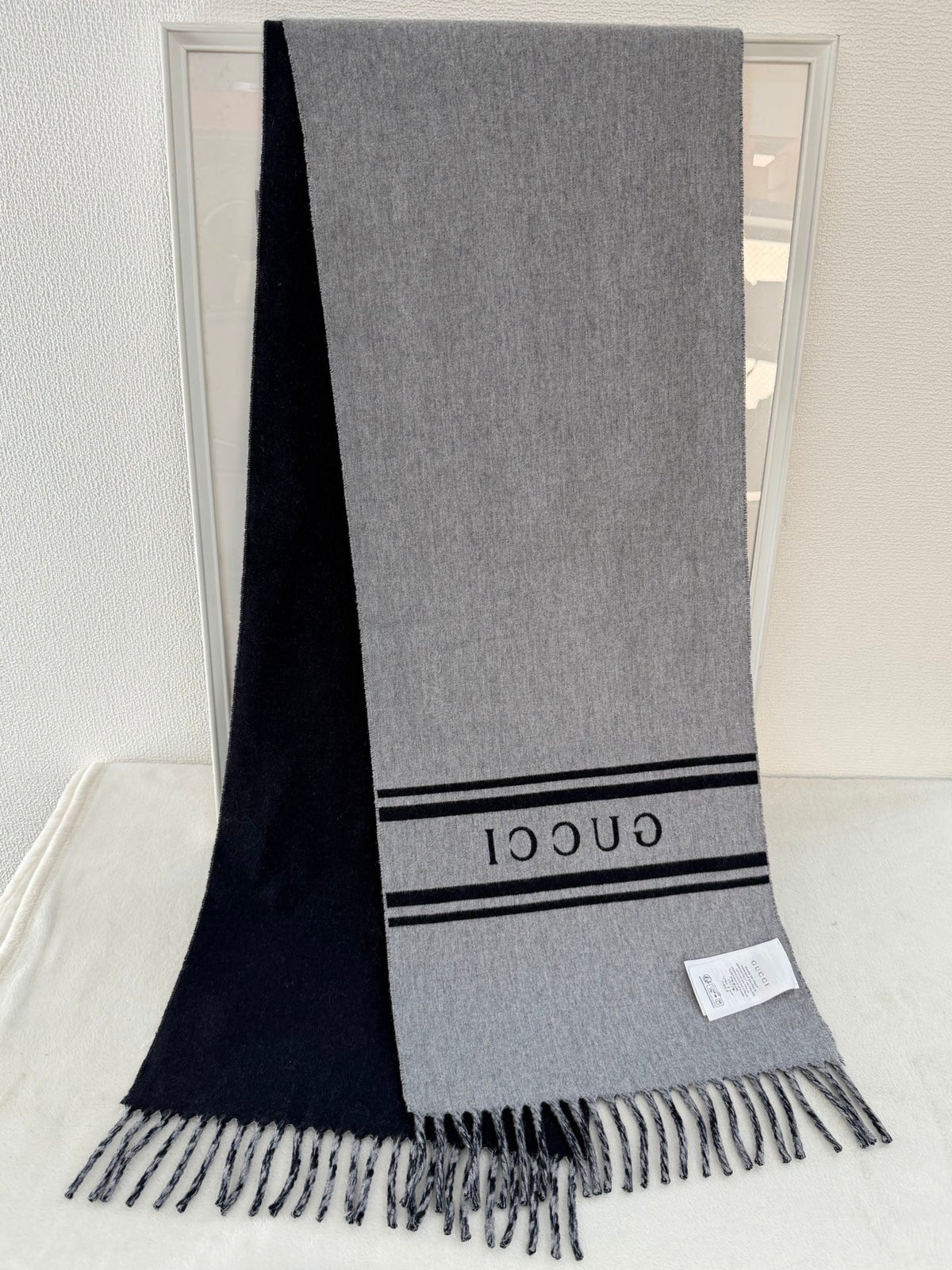 Gucci Navy and Grey Wool-Cashmere Logo Scarf