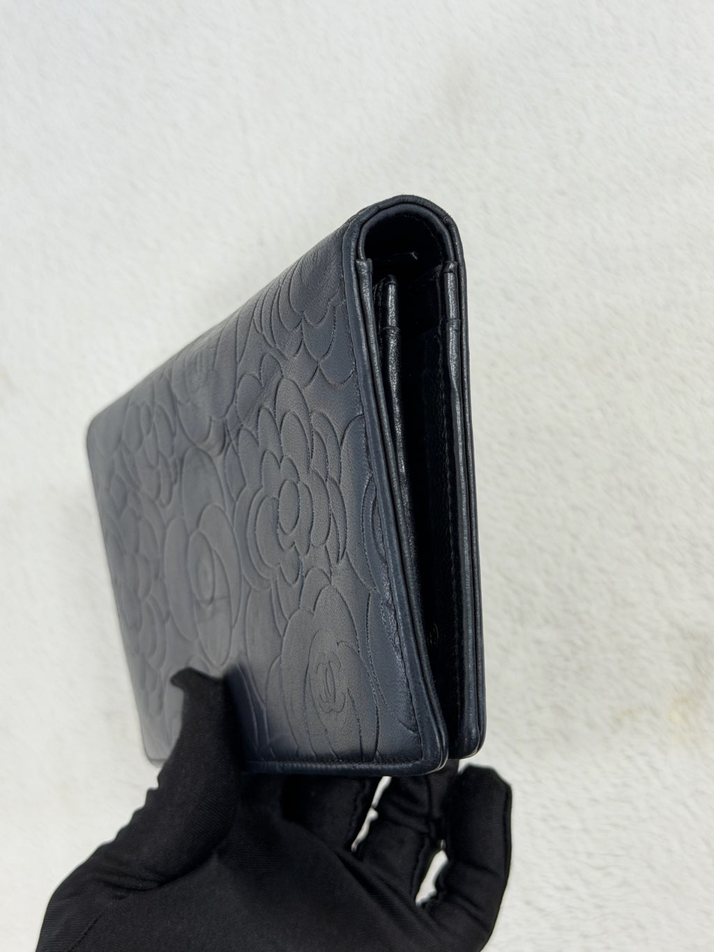 CHANEL Camellia Embossed Leather Flap Long Wallet