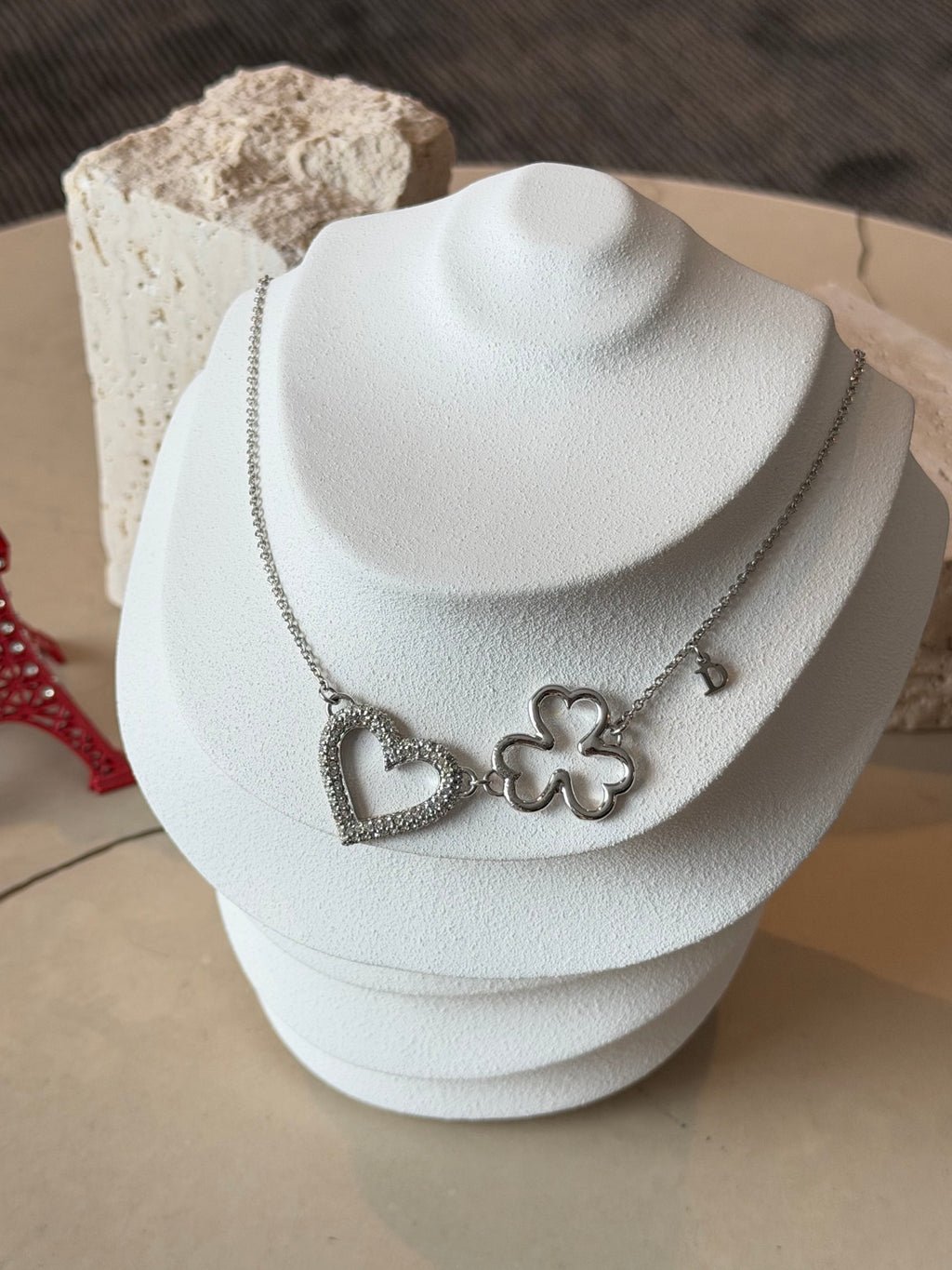 Christian Dior Vintage Rhinestone Heart and Clover Pendant Necklace
