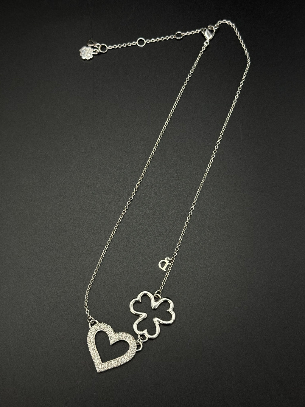 Christian Dior Vintage Rhinestone Heart and Clover Pendant Necklace