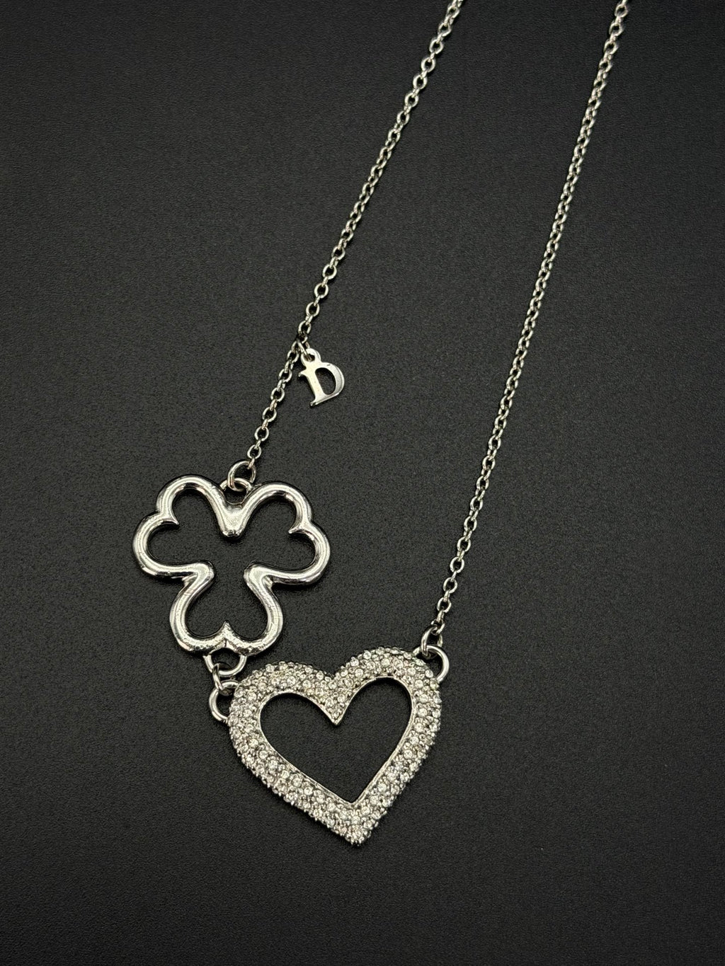 Christian Dior Vintage Rhinestone Heart and Clover Pendant Necklace