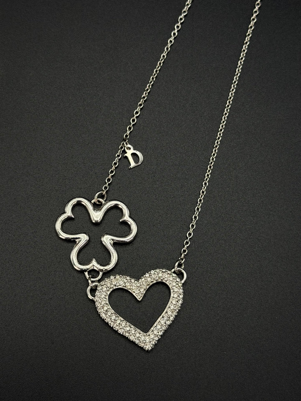 Christian Dior Vintage Rhinestone Heart and Clover Pendant Necklace