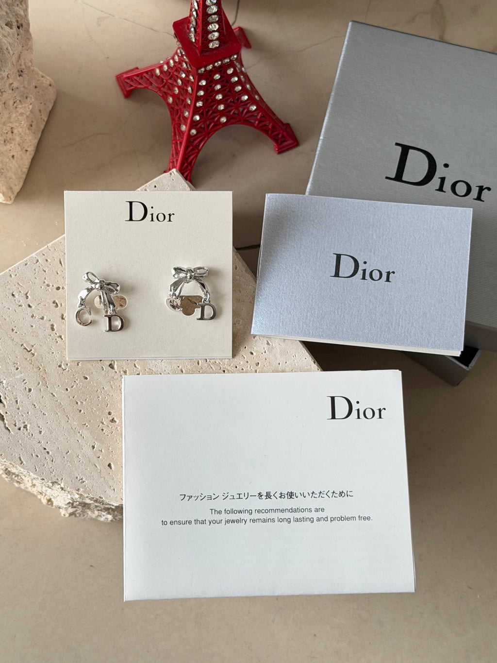 Christian Dior Vintage Crystal Rhinestone Bow CD Charm Earrings