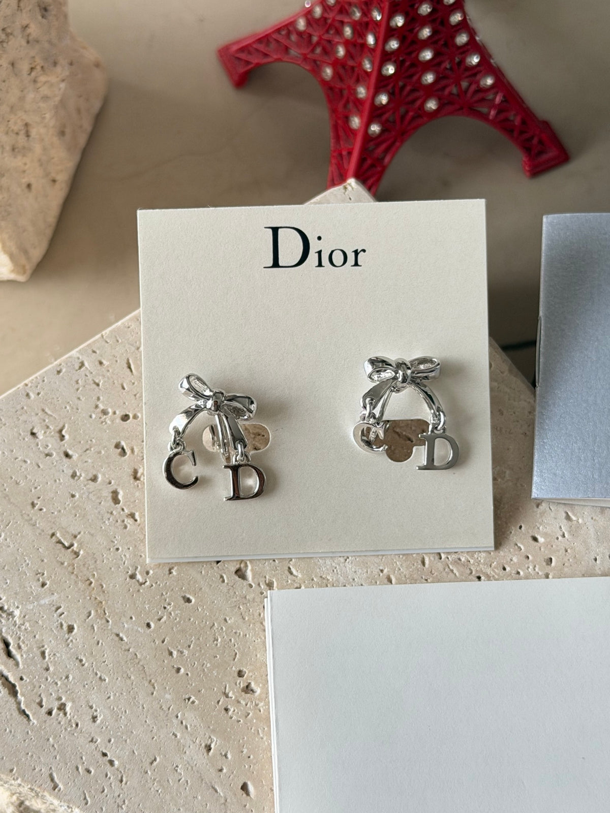 Christian Dior Vintage Crystal Rhinestone Bow CD Charm Earrings