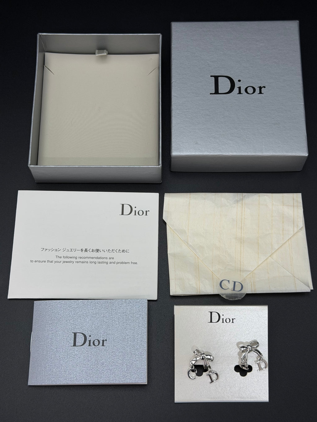 Christian Dior Vintage Crystal Rhinestone Bow CD Charm Earrings