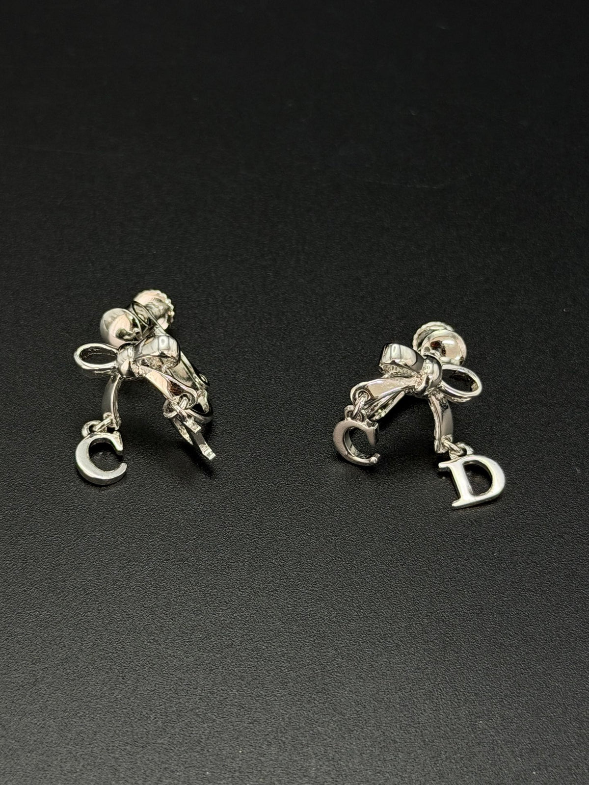 Christian Dior Vintage Crystal Rhinestone Bow CD Charm Earrings