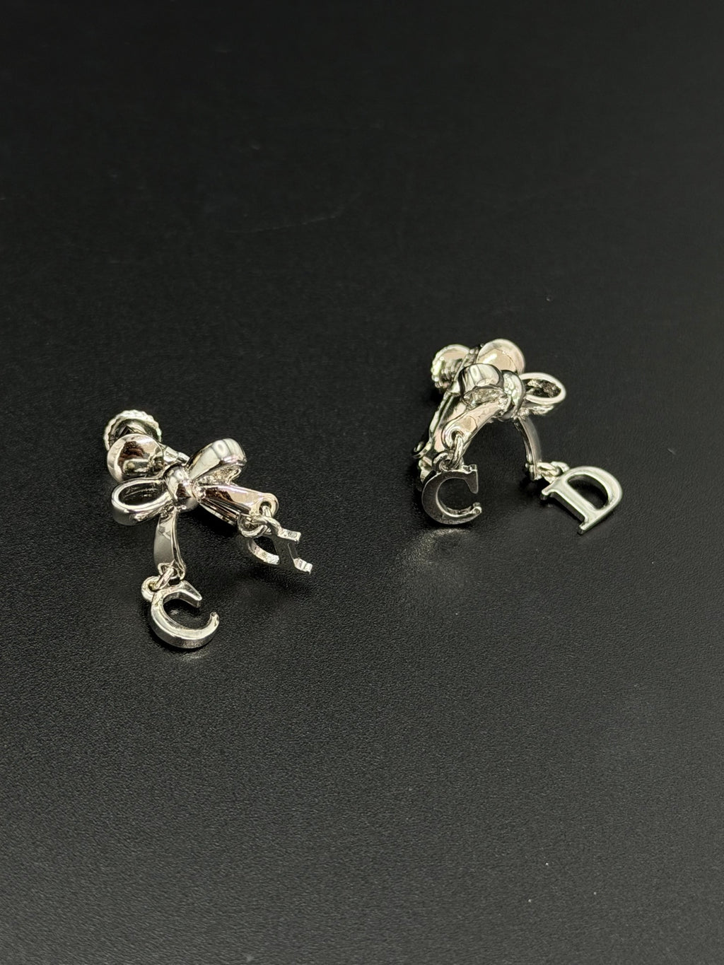 Christian Dior Vintage Crystal Rhinestone Bow CD Charm Earrings
