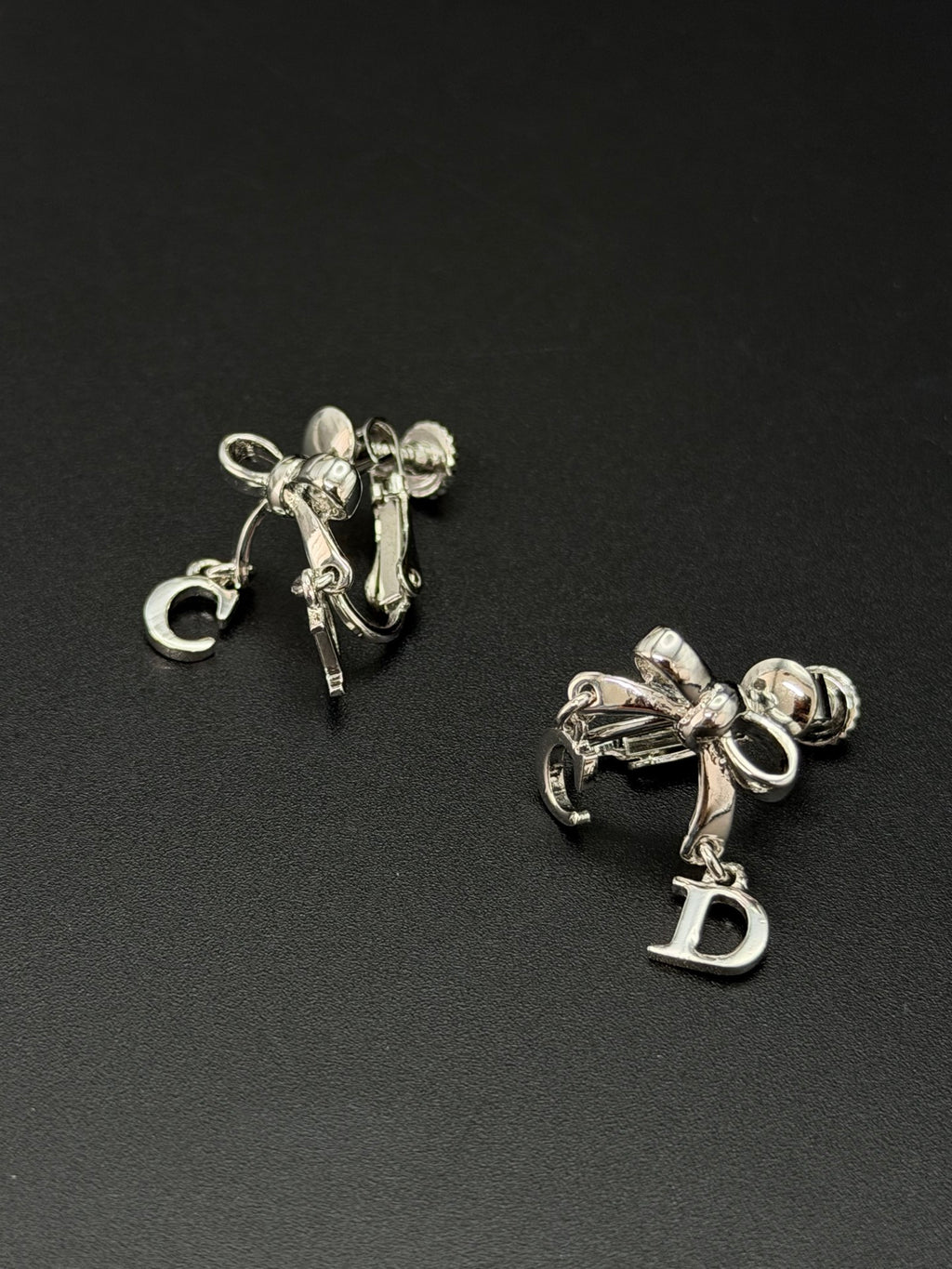Christian Dior Vintage Crystal Rhinestone Bow CD Charm Earrings