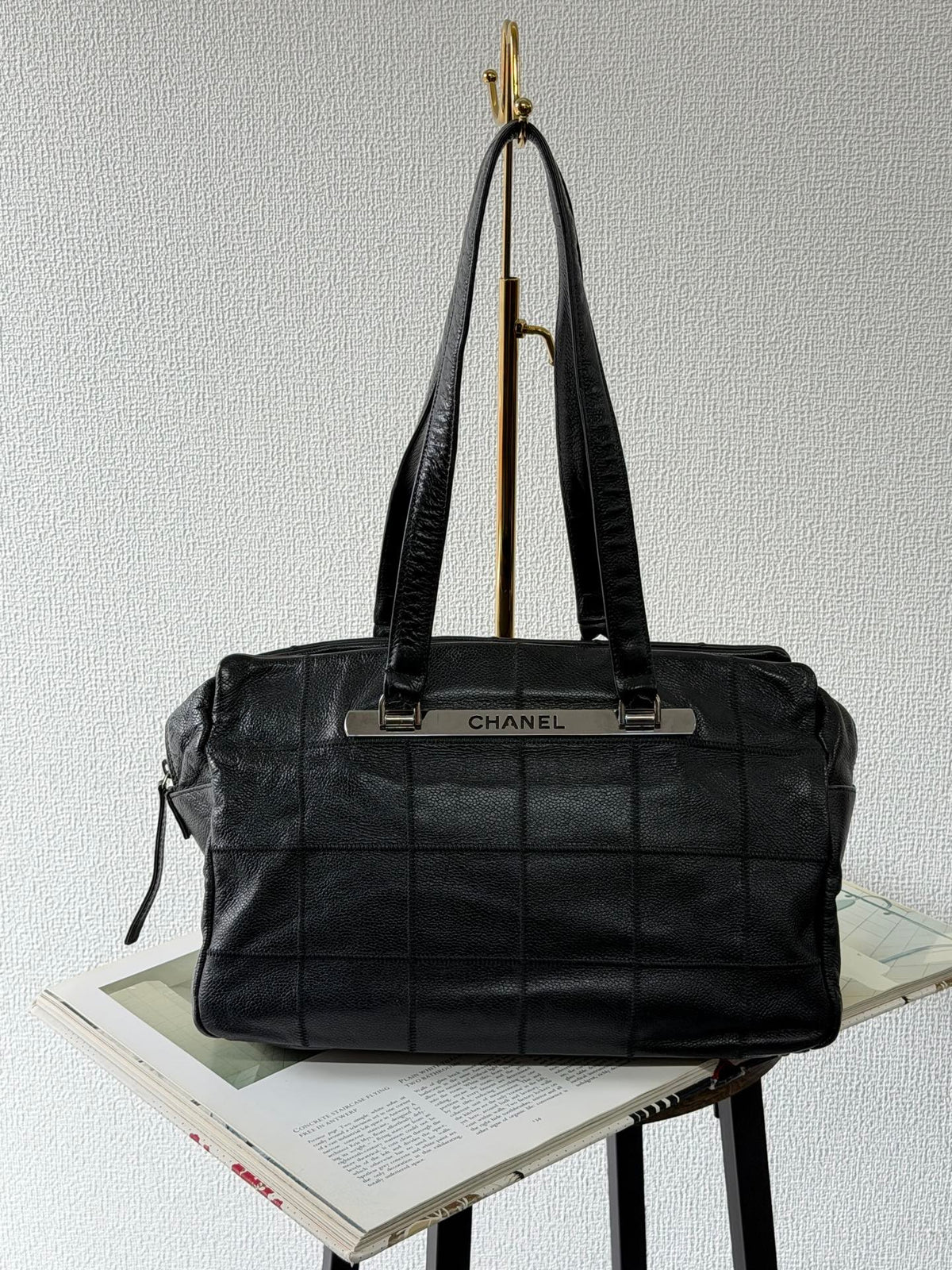 CHANEL Choco Bar Caviar Leather Boston Bag