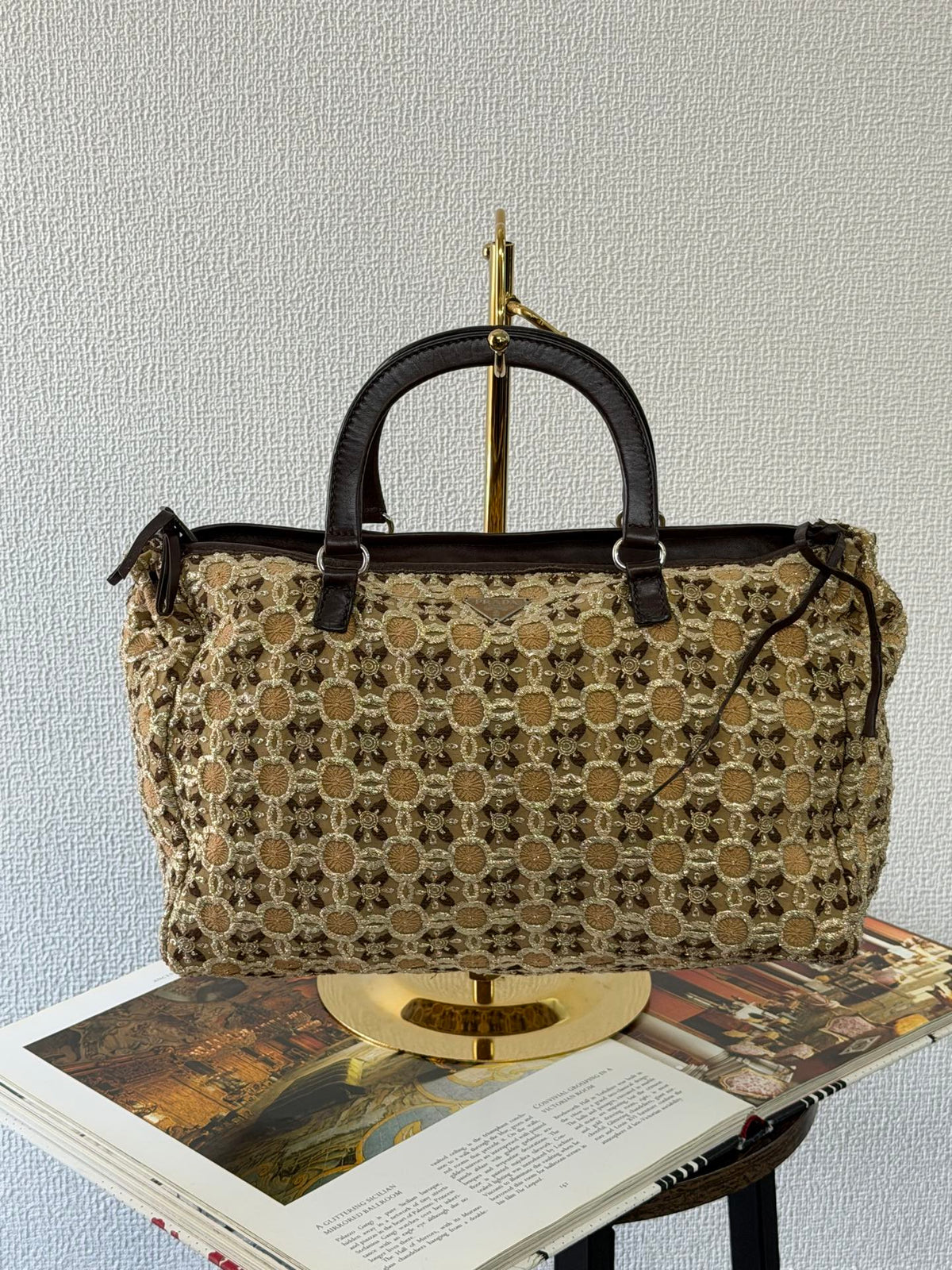 Prada Bow Cloquet Embroidered Fabric Top Handle Bag
